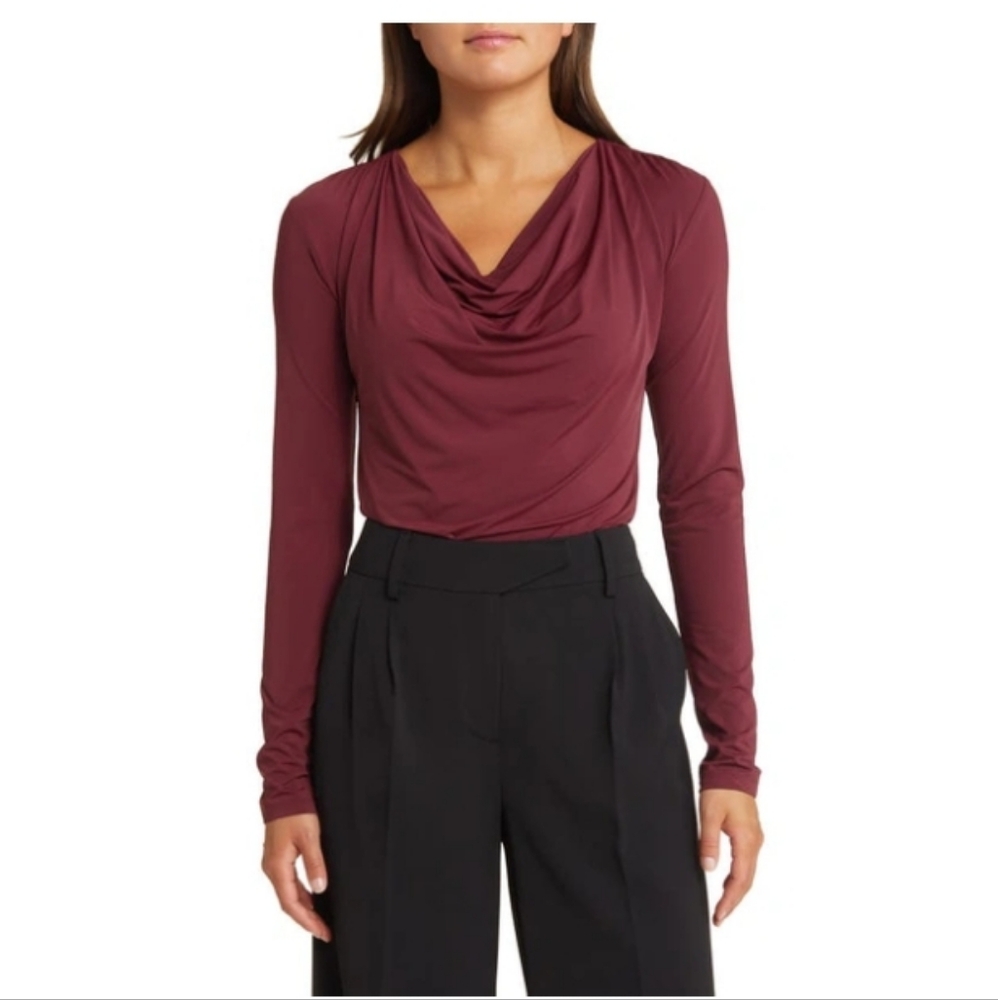 Cowl Neck Long Sleeve Crop Top In Burgundy London, Open Edit, NWOT, Medium